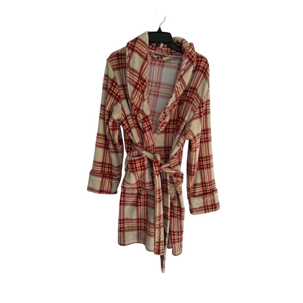 Amari Womens Red Orange Plaid Plush Fleece Robe One Size Fits Most Wrap Belted